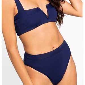 NWT L Space Womens Ribbed Bikini Set Navy Frenchie High Waisted Blue Small XS